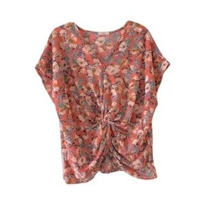 Hummingbird | Pink Floral Twist Front Cap Sleeve V-Neck Top, Large